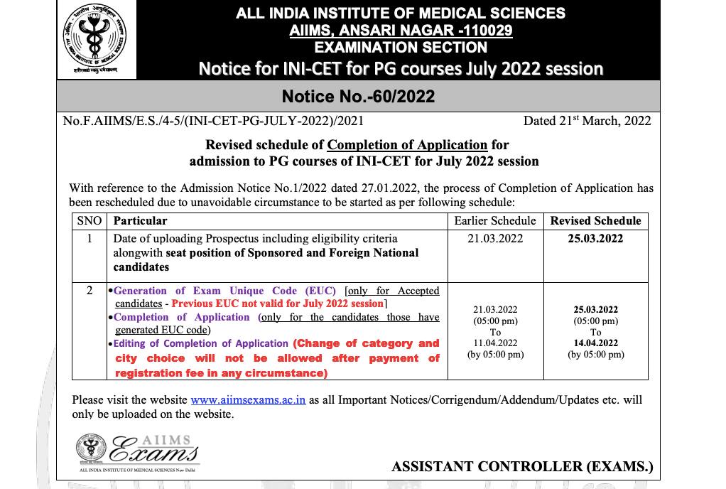 INI CET 2022 Application Process For July Session Rescheduled To March 25